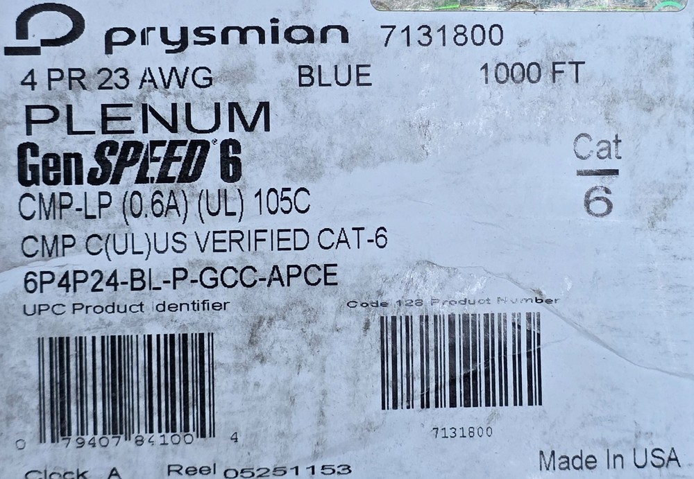 General Cable GenSPEED 6 23/4P Cat6 Network Cable CMP Plenum Blue /100ft