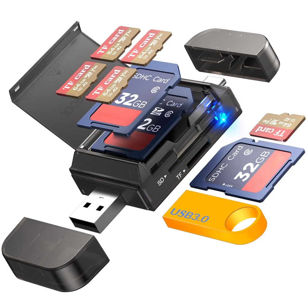 6-in-1 SD/TF Card Reader Adapter with SD Storage USB A & Type USB, black