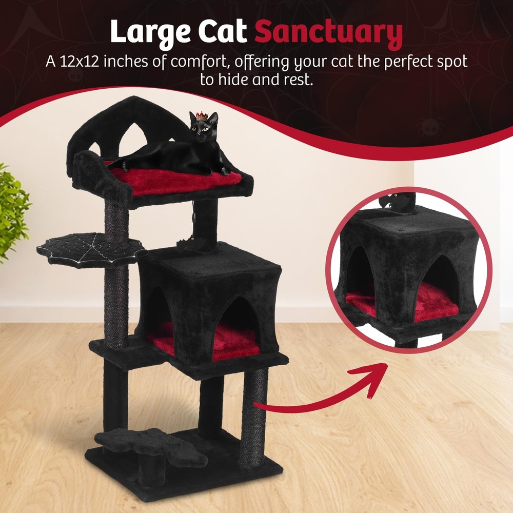 Gothic Cat Tree - 40inch Black Cat Tree with Regal Throne Bed, Spacious Cat c...