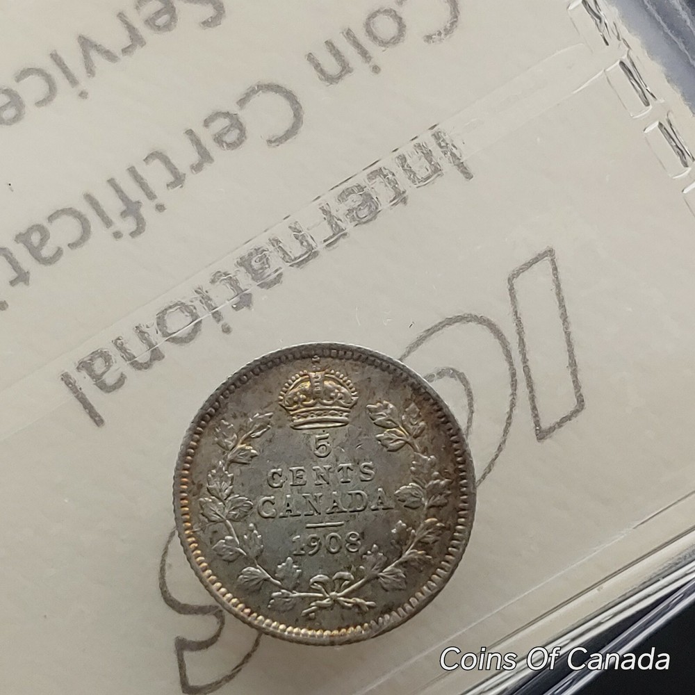 1908 Canada 5 Cent Coin - Old Graded ICCS EF-45 Large 8 Variety #coinsofcanada