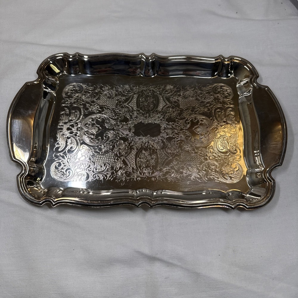 Vintage Oneida Silver Plate Ornate Rectangular Serving Tray Victorian Butler