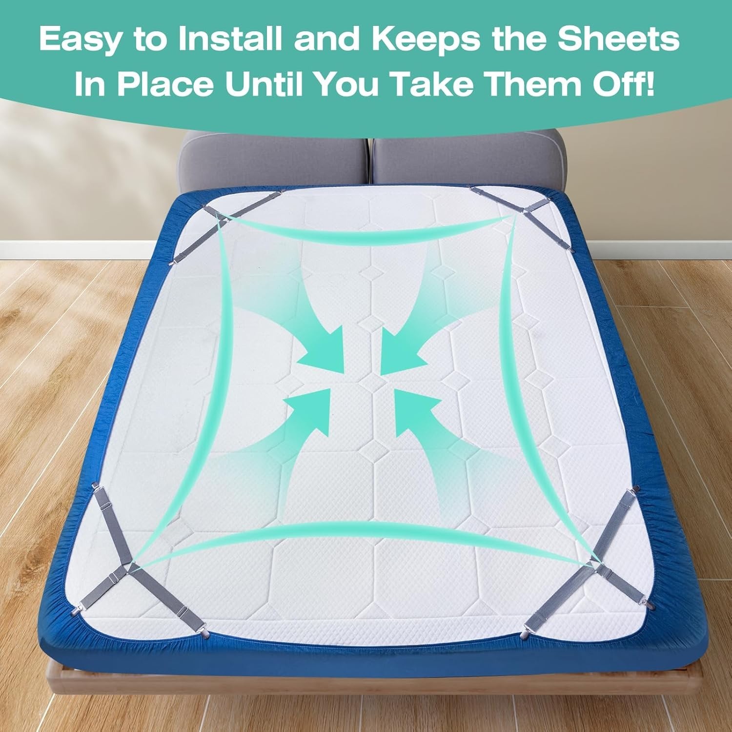 Stay Tidy with 4 Pcs Bed Sheet Straps - Easy Install Fitted Clip System