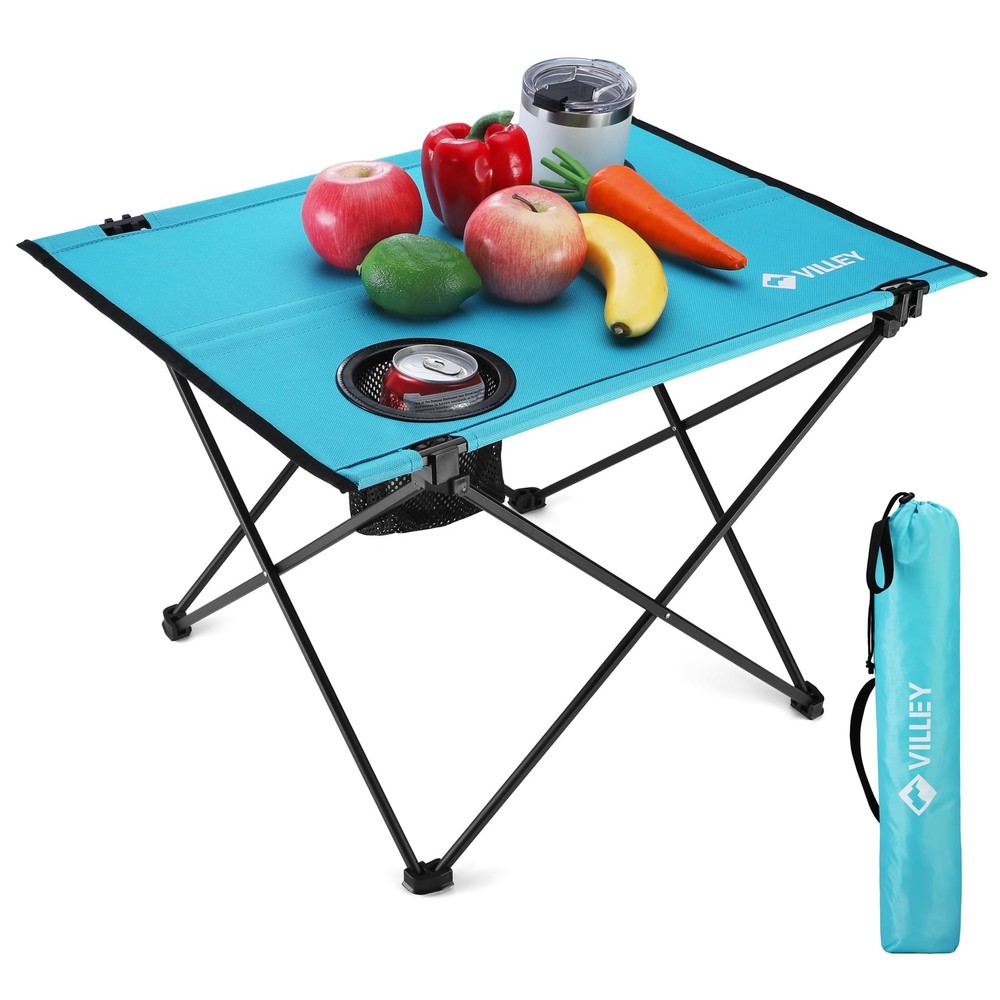 VILLEY Folding Camping Table, Lightweight Portable Beach Table with 2 Cup Holder