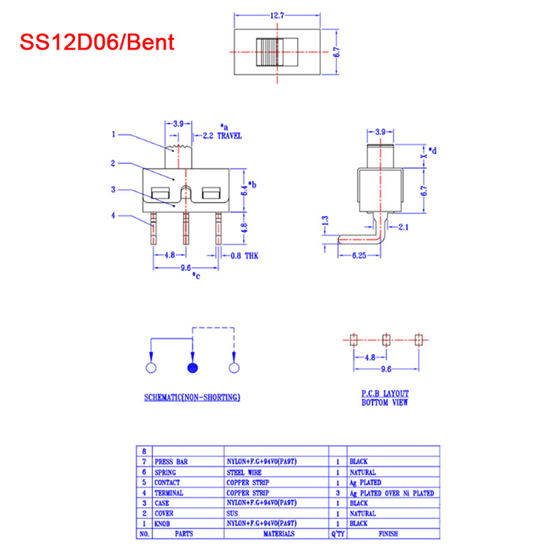 SS12D06/D10-5mm Miniature Slide Switch On-OFF 2 Position 3 Pin Micro Toggle PCB