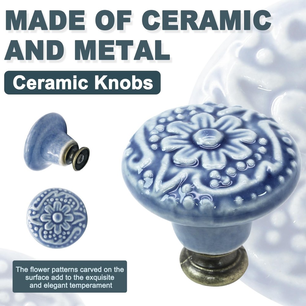 12 Pcs Light Blue Vintage Ceramic Cabinet Knobs, Round Drawer & Door Pulls