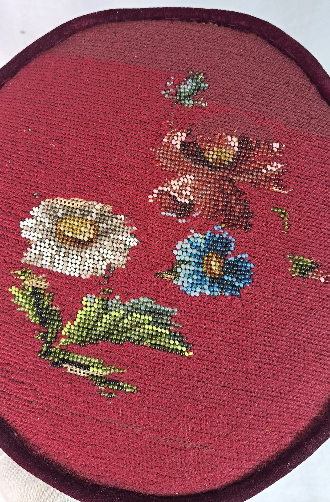 Antique Victorian Footstool Beaded Floral Needlework Tapestry Upholstery Ottoman