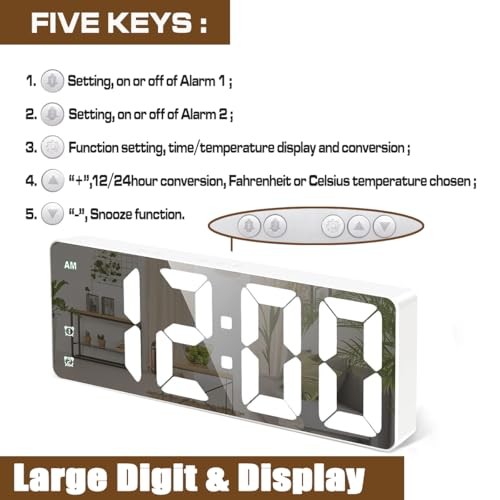 Small Digital Alarm Clock, Mirror Surface LED White Case + White Digit