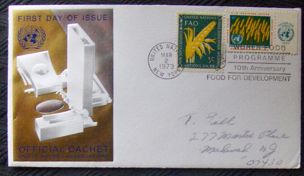 UN FDC FOOD for DEVELOPMENT, Official Cachet 1973.