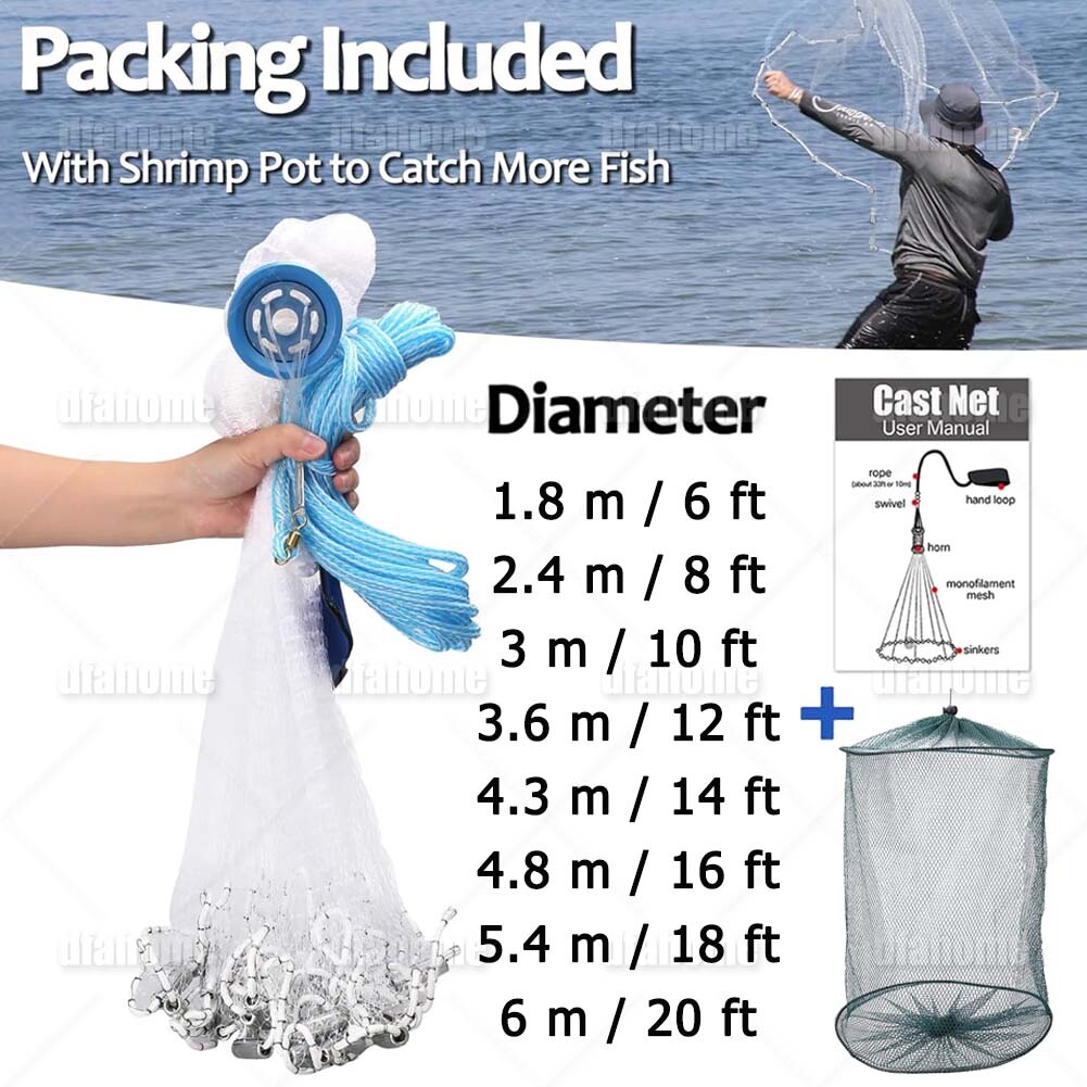 6/8/10/12/16/20FT Fishing Cast Net Bait Easy Throw Hand Cast Strong Nylon Mesh