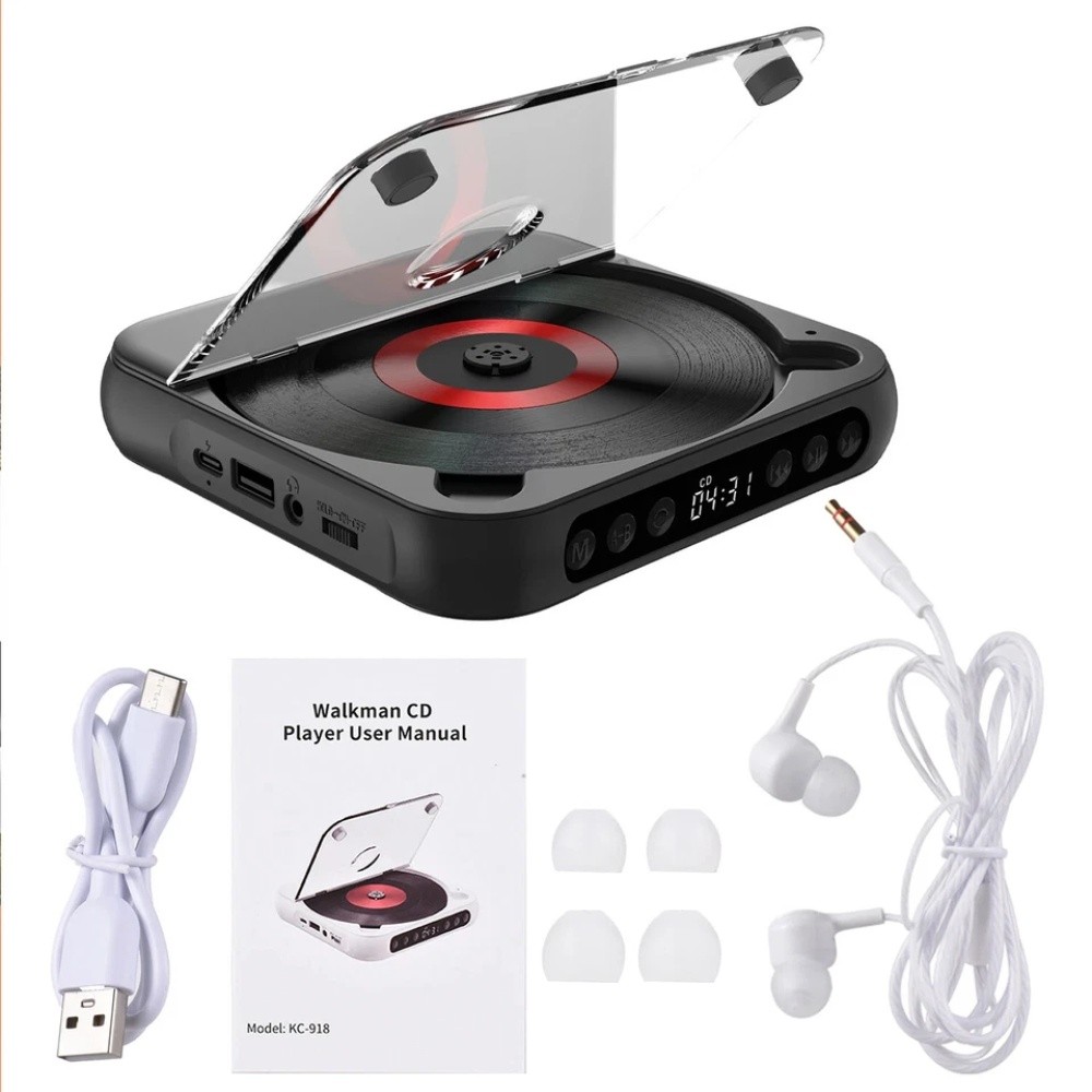 Black Portable CD Player Personal CD Players with Bluetooth Rechargeable