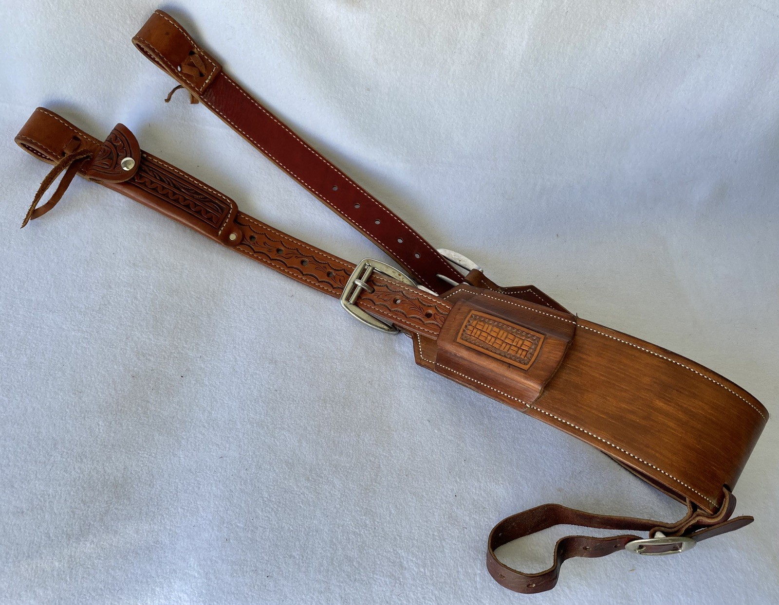 High QUALITY Double Stitch TOOLED Skirt Leather Back Flank Cinch &Billet SET~EUC