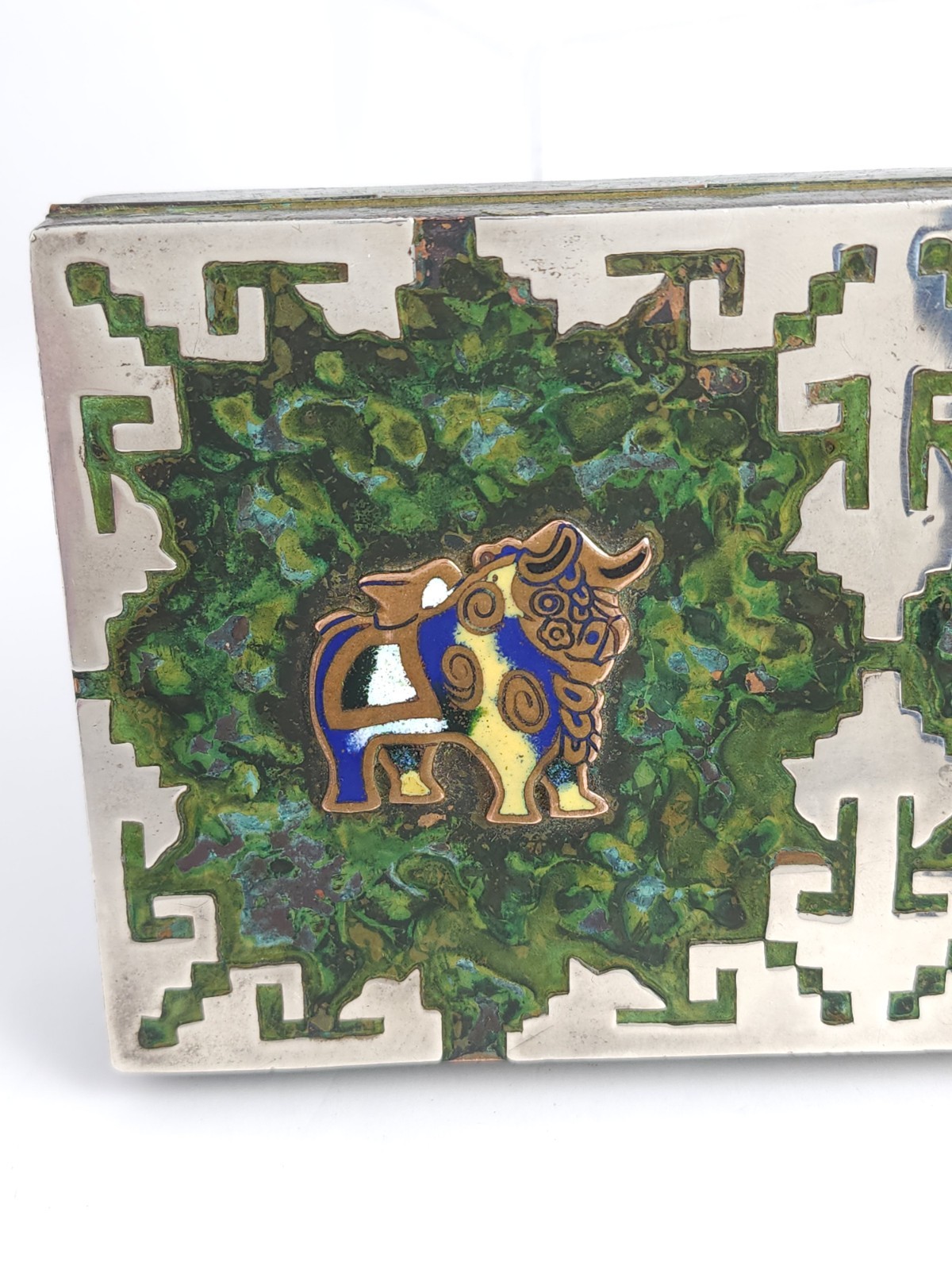 Vintage Peru Enameled Copper Cigarette Trinket Box Silver Tone Metal Bird Bull