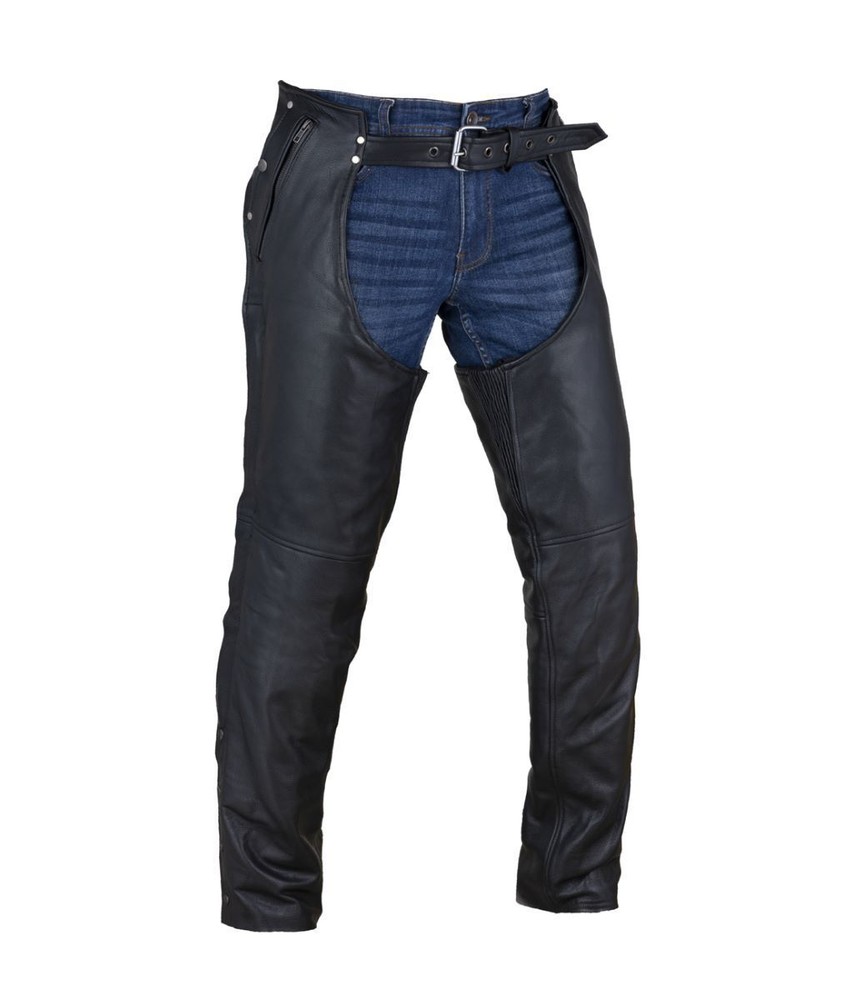 Men's Multi-Pocket Premium Black Cowhide Genuine Leather Chaps With Lining
