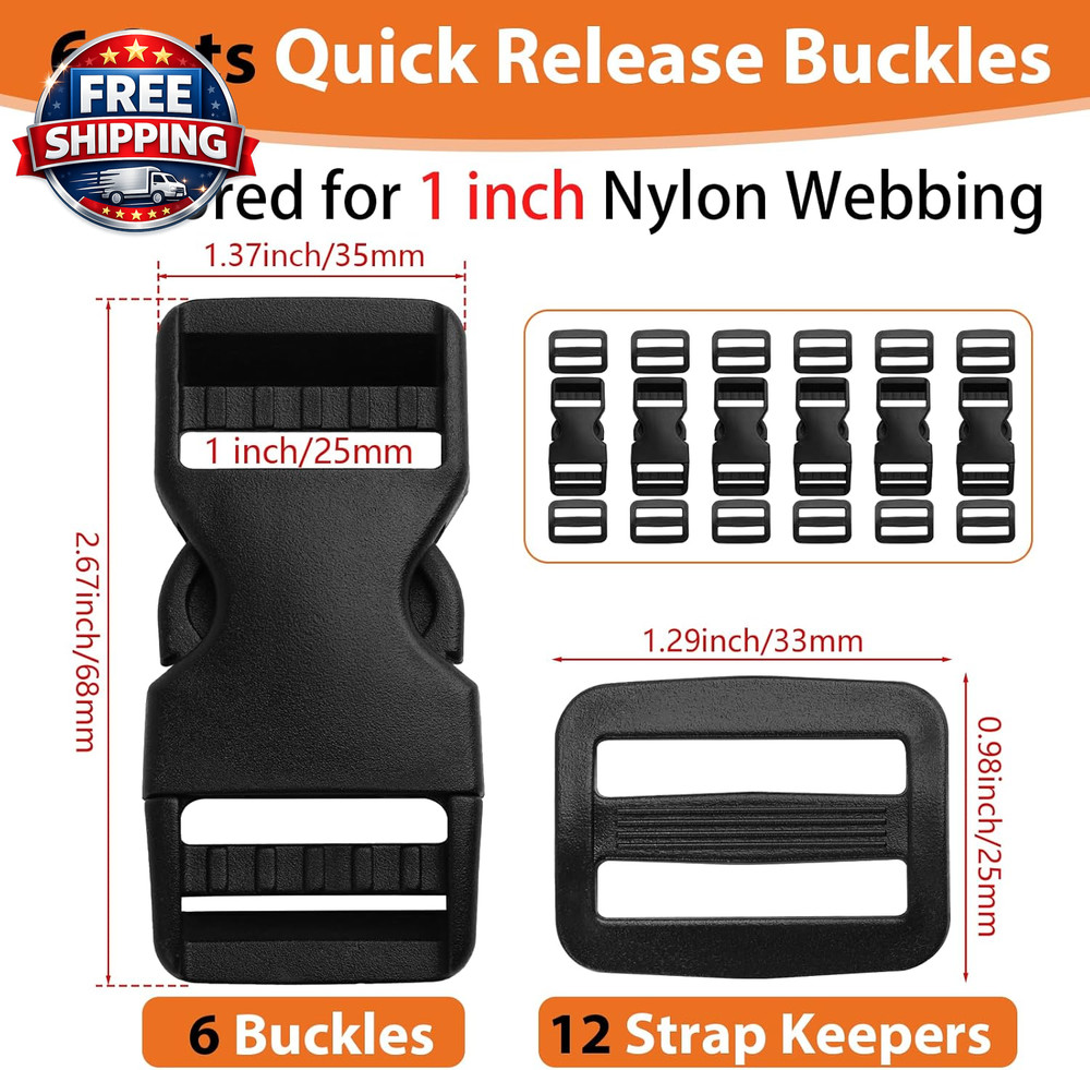 6-Pack Heavy Duty Quick Release Buckles + 12 Strap Clips for Versatile Use