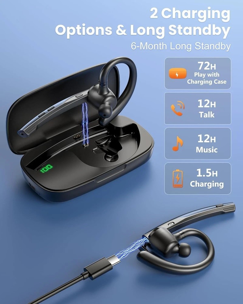 Bluetooth Headset V5.1 Bluetooth Earpiece Dual Mic with 500mAh Charging Case 72H