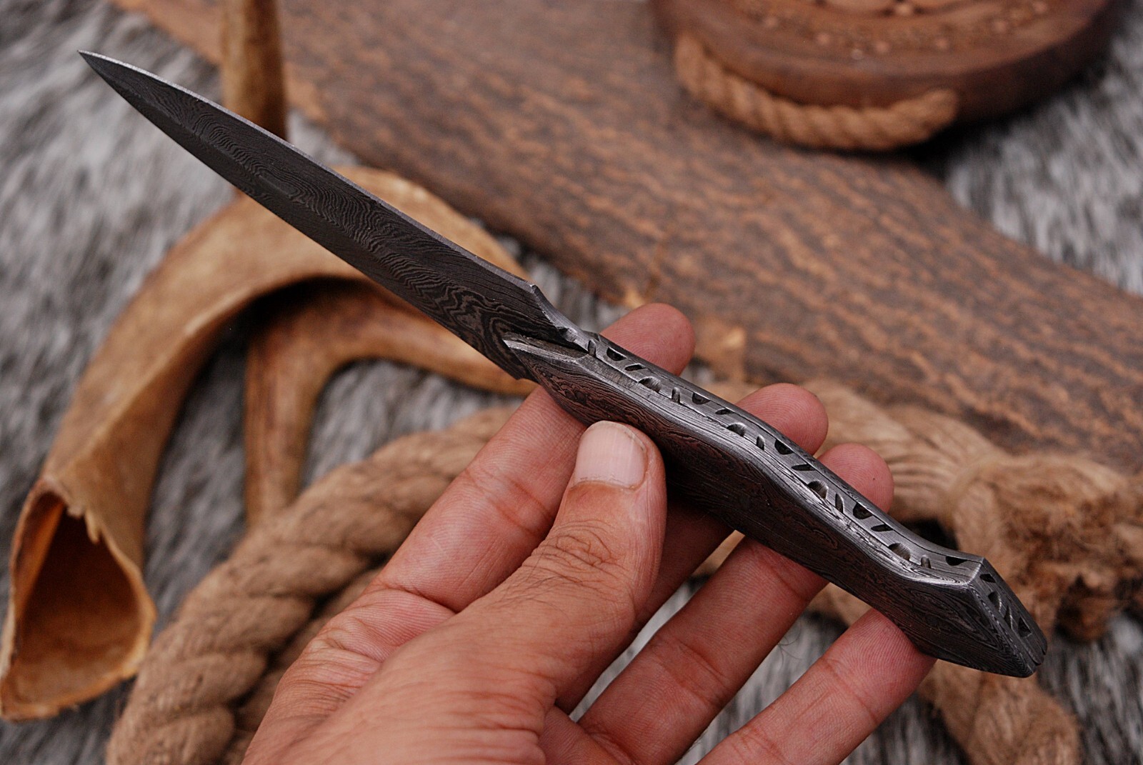 hand forged Damascus steel dirk stiletto machete knife poniard leather sheath