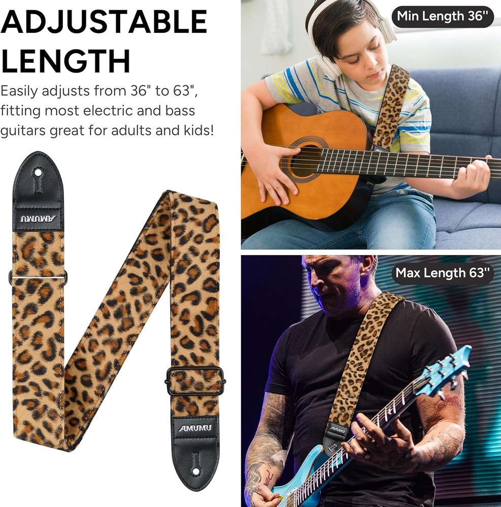 Leopard Flocked Velvet Guitar Strap with Microfiber Leather Ends