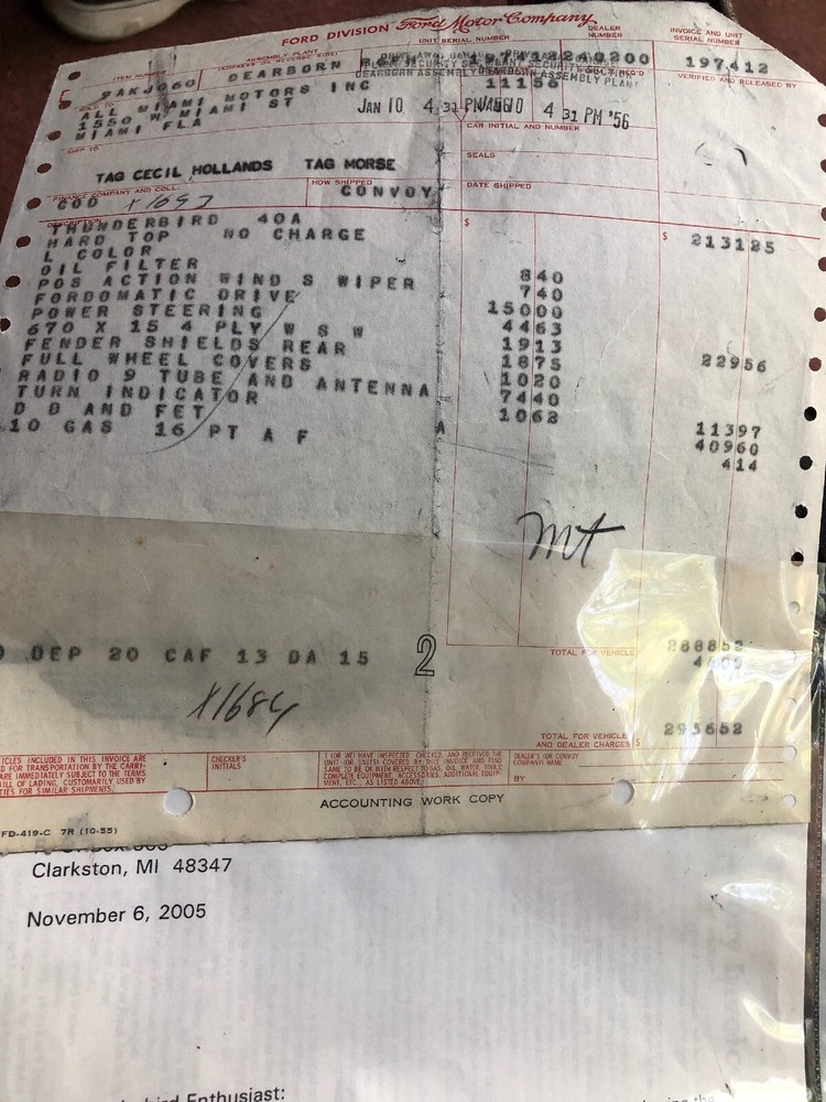 1956 Ford Thunderbird Original Invoice