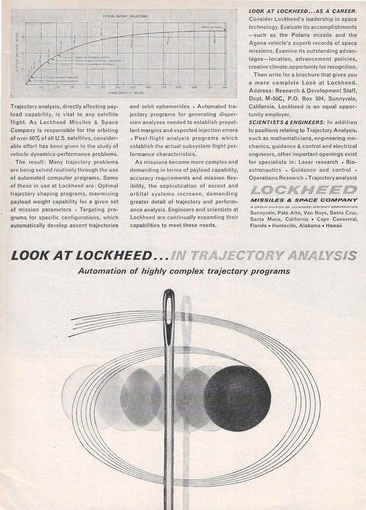 1963 Lockheed Missile & Space Co. Print Ad ~ Trajectory Analysis ~ Space Race