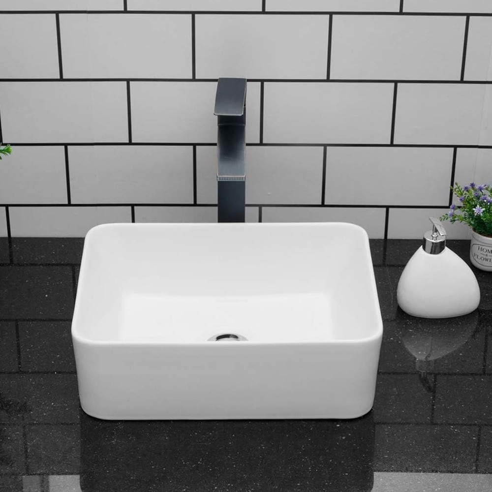 Vessel Sink Rectangular - 16"x12" Modern White Bathroom Sink Rectangle Above ...