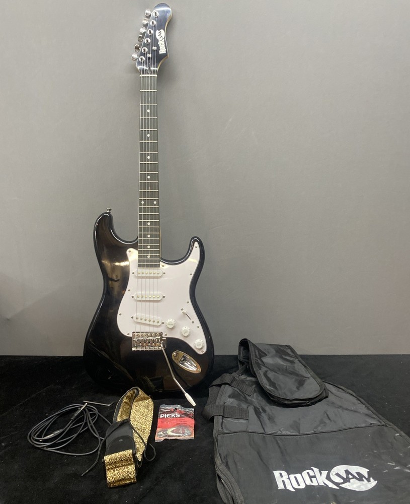 RockJam Full-Size Electric Guitar Starter Kit  Picks Case  Strap Used Black