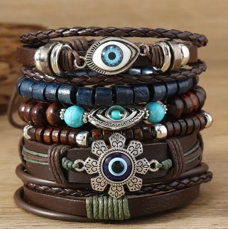 6 PC Leather Punk Bracelet Stackable Adjustable Tie New Free Ship B2792
