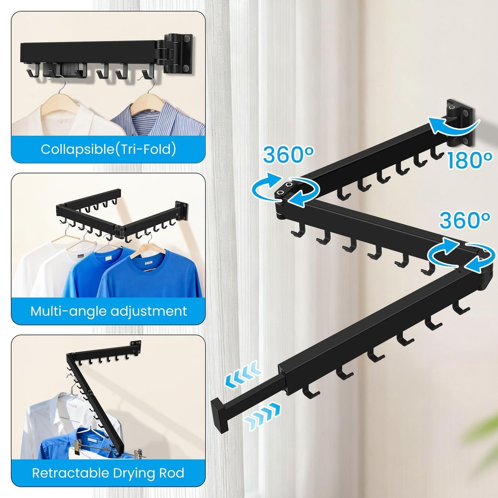 Clothes Drying Rack Wall Mounted, Retractable Collapsible(Tri-Fold) Space Sav...