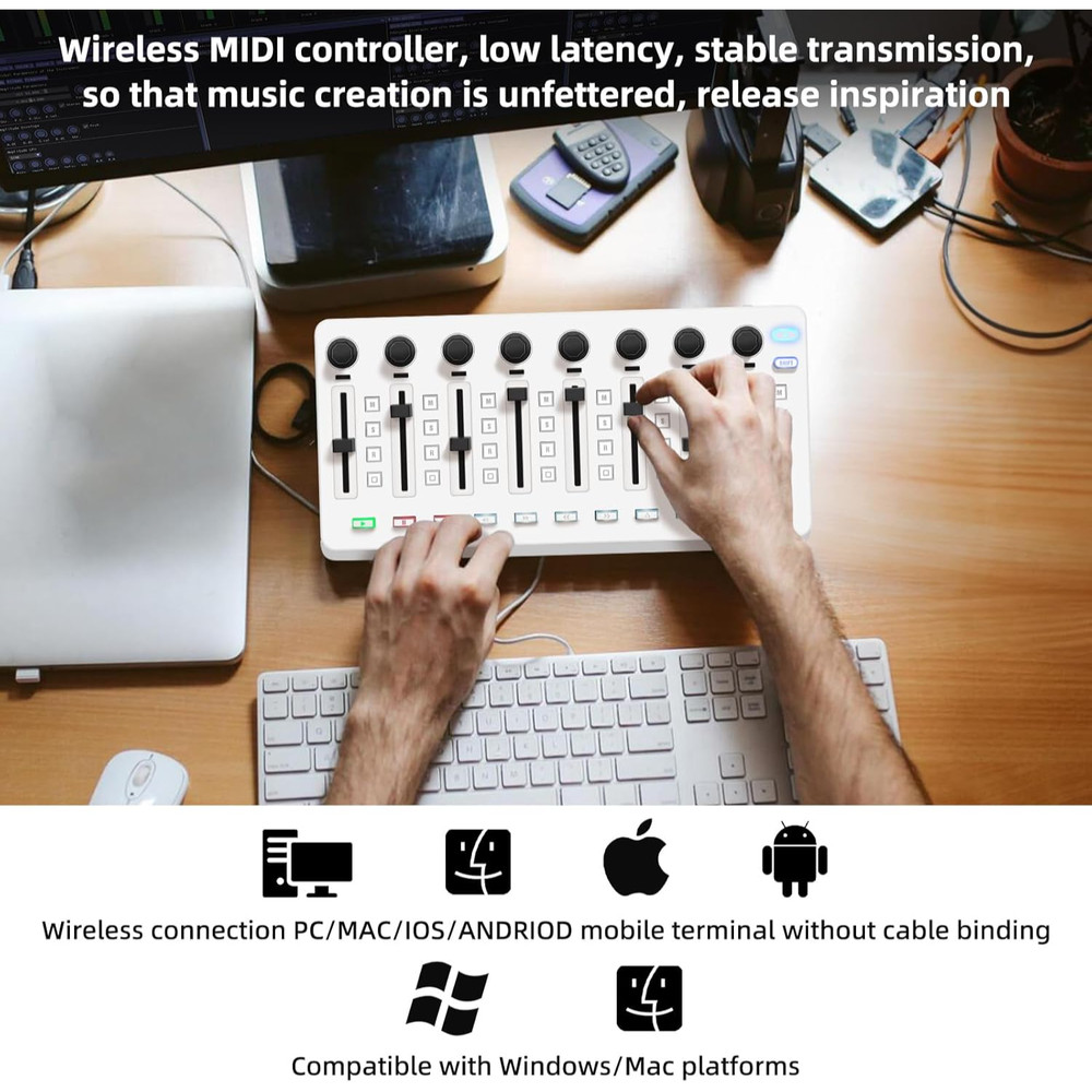 M-WAVE Wireless MIDI Controller - Bluetooth USB MIDI Mixer with 8 Knobs