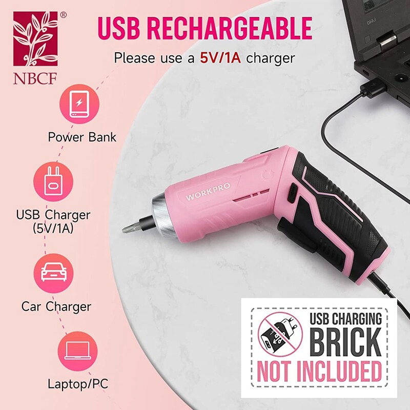 WORKPRO 75PCS Pink Tools Set Rotatable Cordless Screwdriver&Household Tool Kit