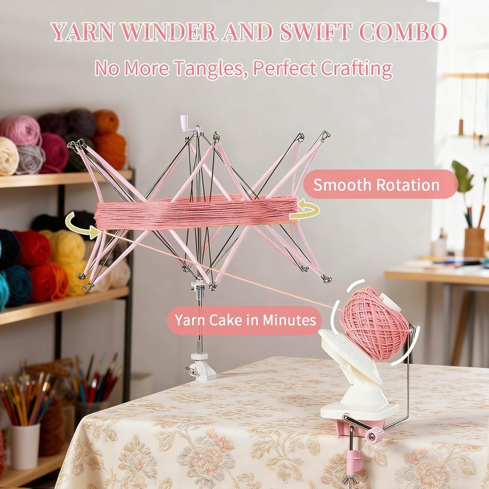Yarn Winder and Swift Combo, Efficient 3.5 OZ Yarn Cake Maker, Adjustable Ang...