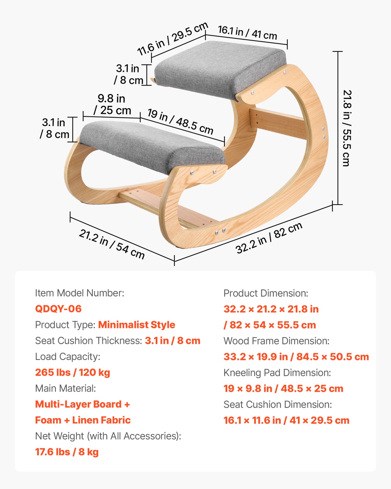 VEVOR Ergonomic Kneeling Chair with Thick Cushions Adjustable Height Gray