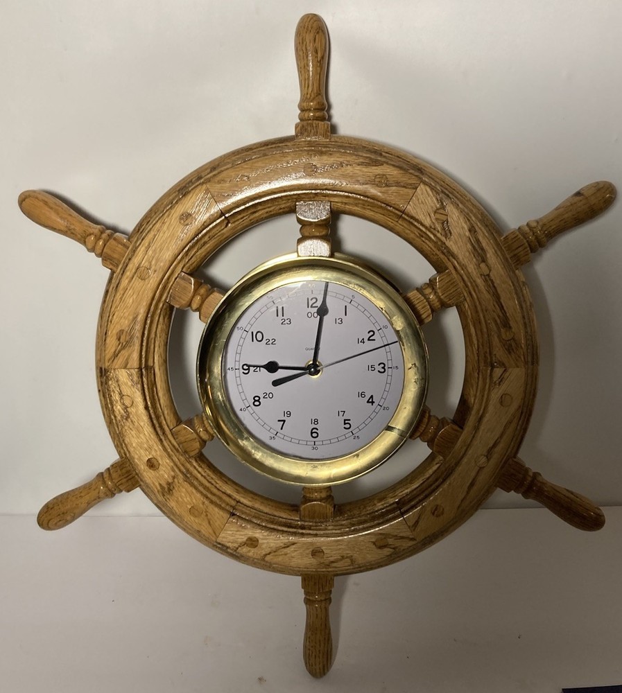 Vtg Nautical Ship's Wheel Porthole Wall Clock-Solid Oak & Brass-21" Diameter-