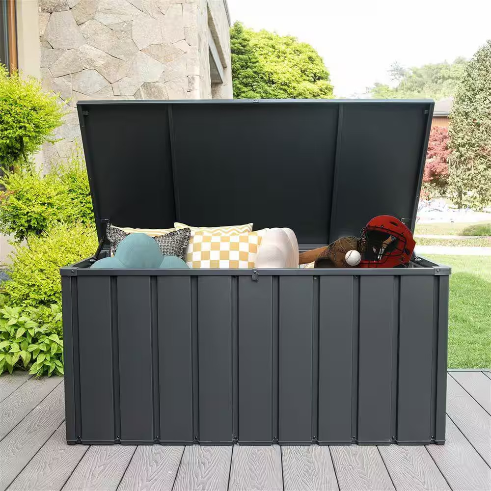 150 Gal. Dark Gray Steel Waterproof Lockable Outdoor Storage Bench with Rolling