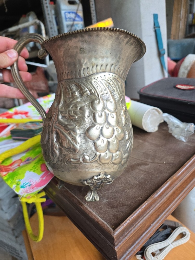 Antique Wine Pitcher, silver plated Vinyard Style 9"ish HAMMERED
