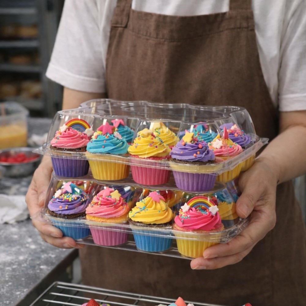 (12 Count x 20 Sets Plastic Cupcake Containers with Liners, Clear Cupcake Hol...