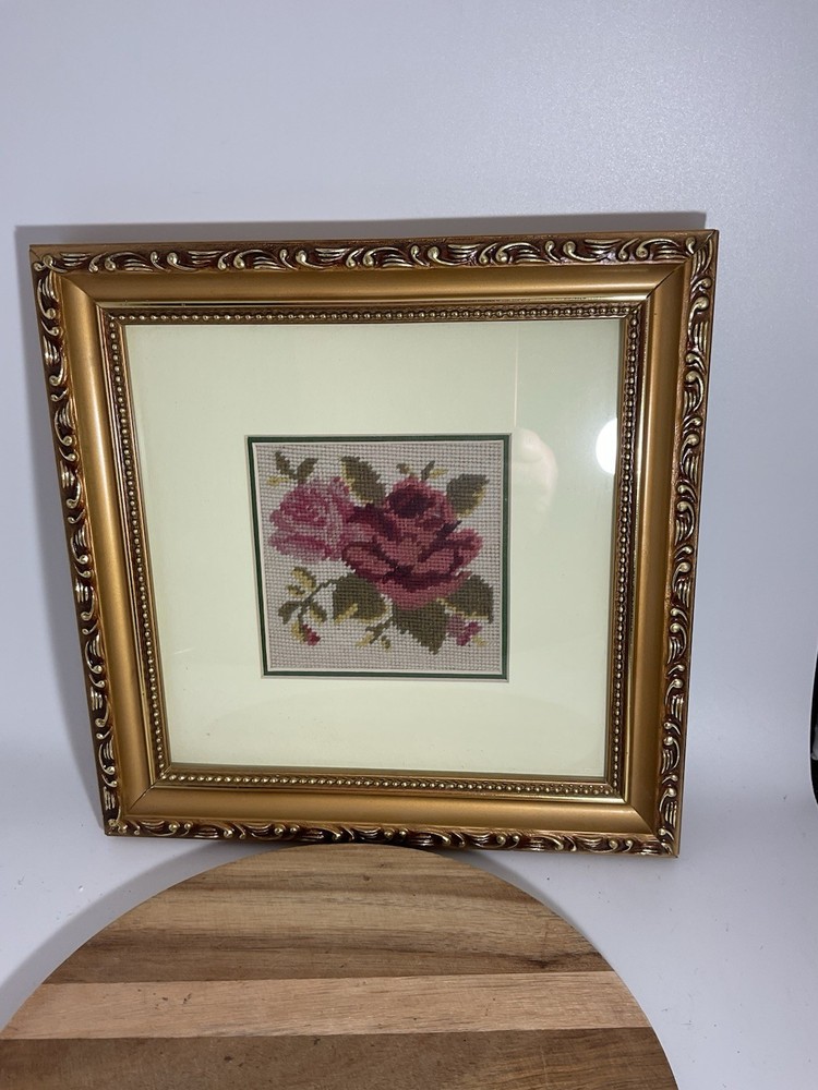 Framed Needlework Roses 9.75” Square