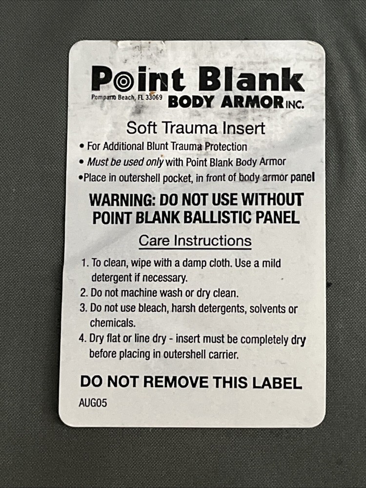 Point Blank branded Black Soft Trauma Plate Insert - 5" x 8" Grey