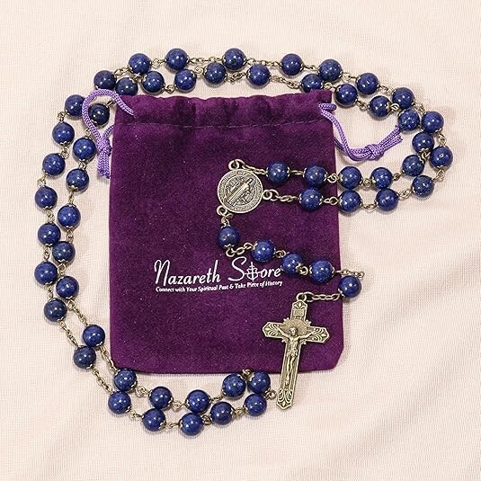 Natural Lapis Lazuli Stone Rosary Beads Necklace St. Benedict Cross and Medal