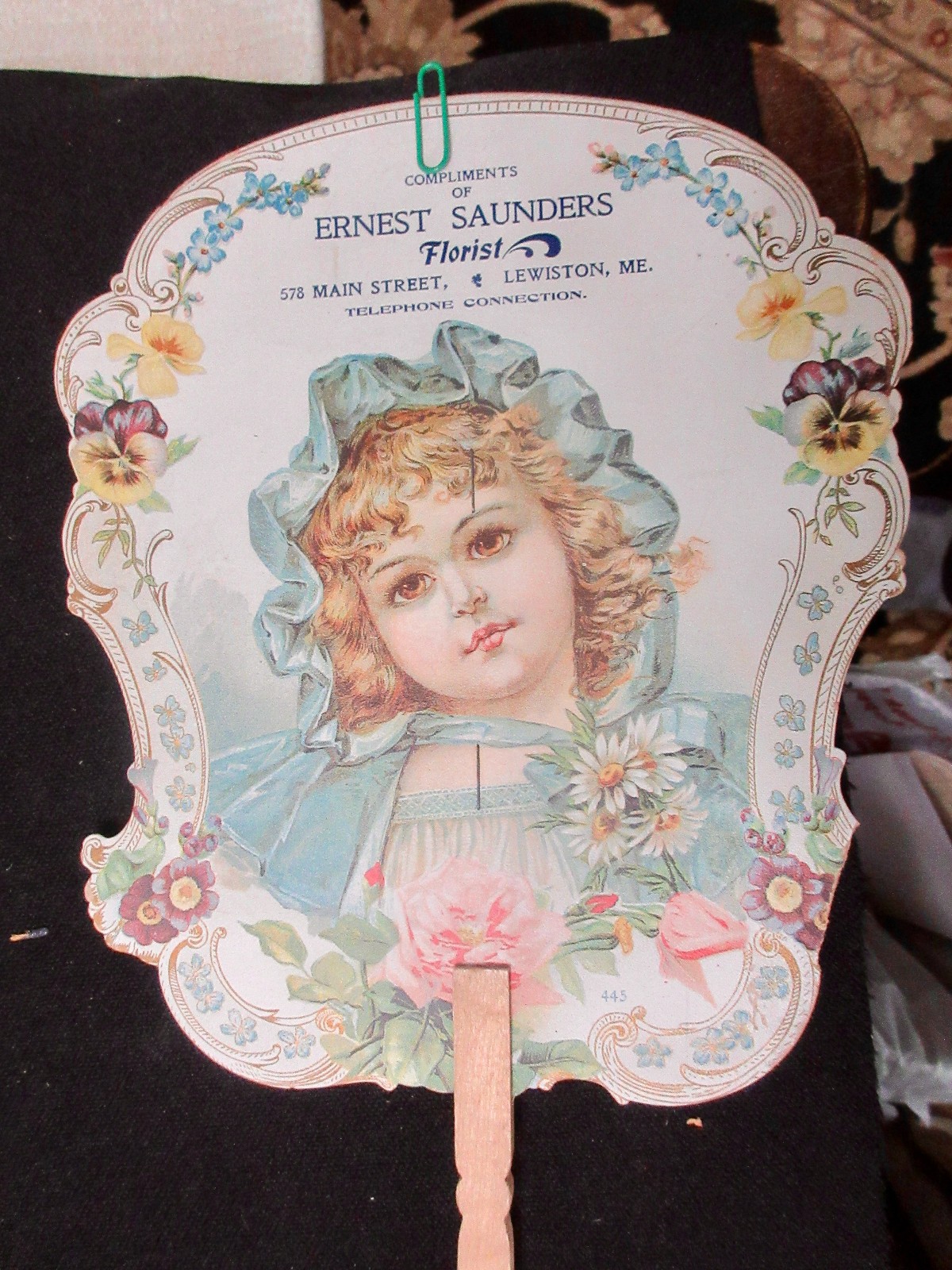 Antique Ernest Saunders Florist Die Cut Advertising Hand Fan