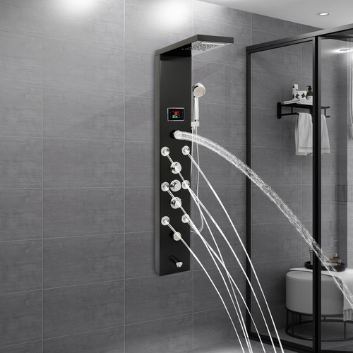LED 3-Handle Shower Kit Rainfall Shower Panel Tower System Shower Head Waterfall