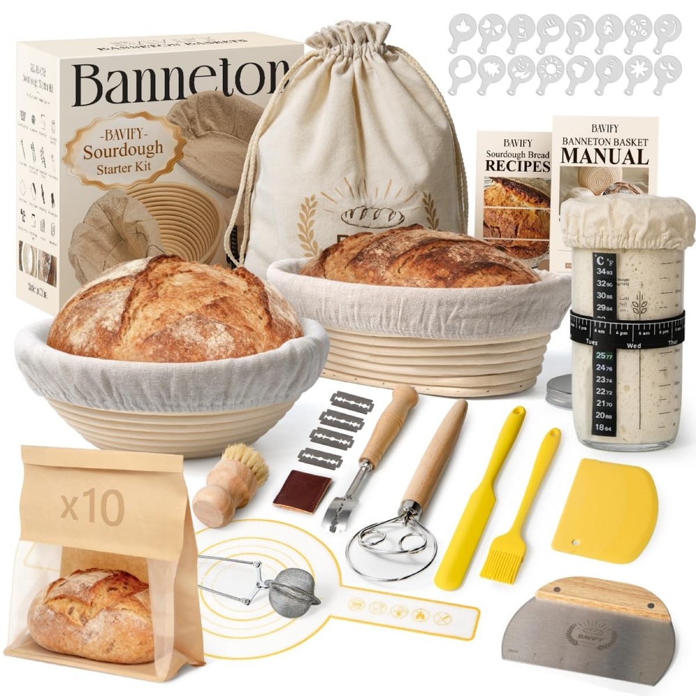 Sourdough Starter Kit - 9" & 10" Proofing Baskets, Jar & Baking Tools Set