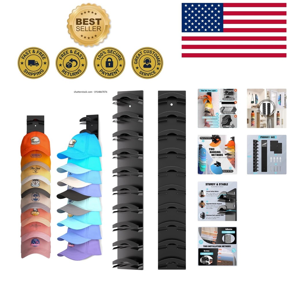 Versatile Baseball Cap Holder - 2-Pack Wall Rack with Strong Adhesive Support