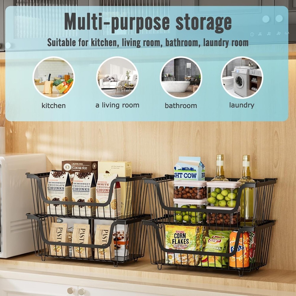 NEW 4 Pack Stackable Wire Baskets Pantry Storage Metal Fruit Vegetable Black