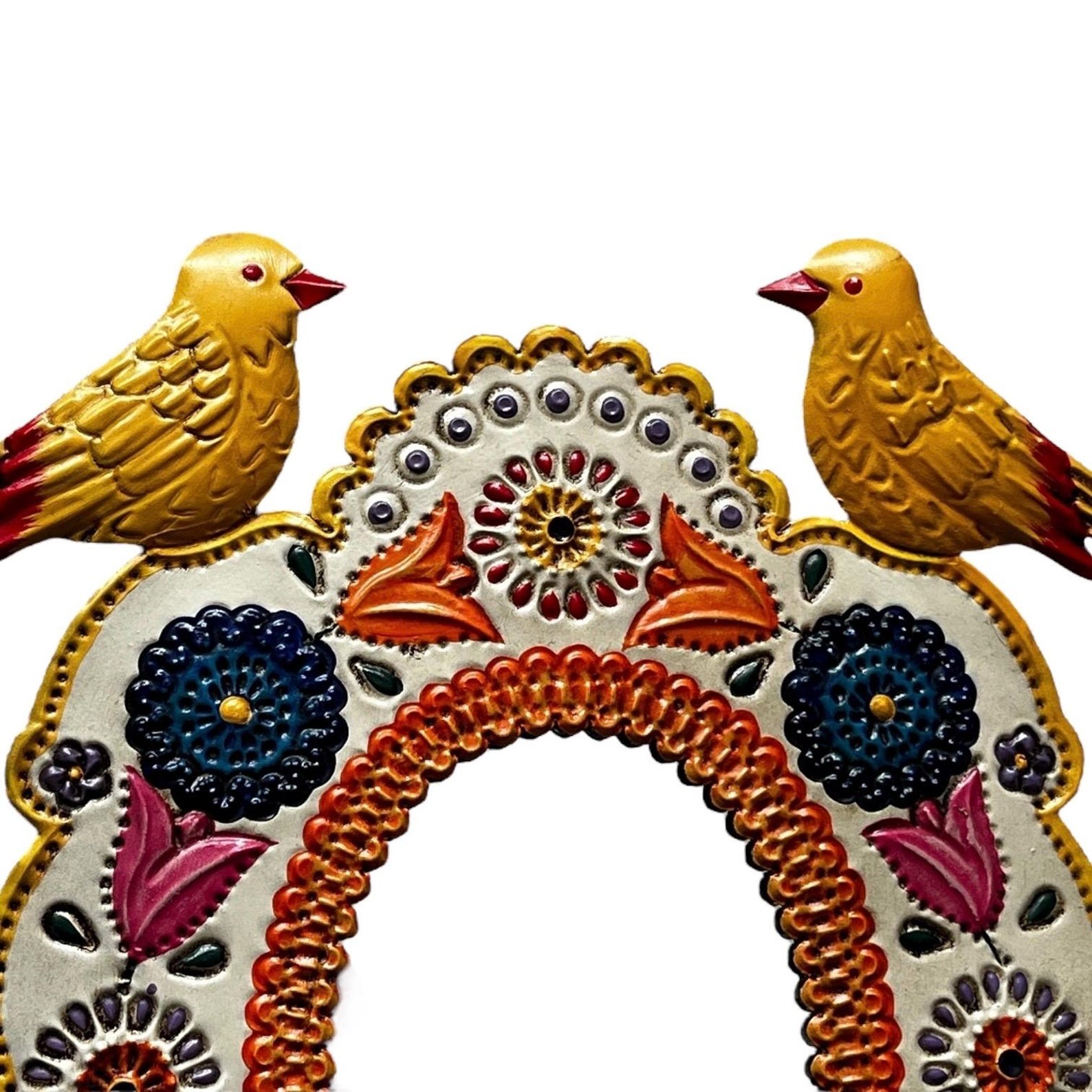 Tin MIRROR with BIRDS, Hand Painted Frame, Mexican Punched Tin, Oval Mirror 13"
