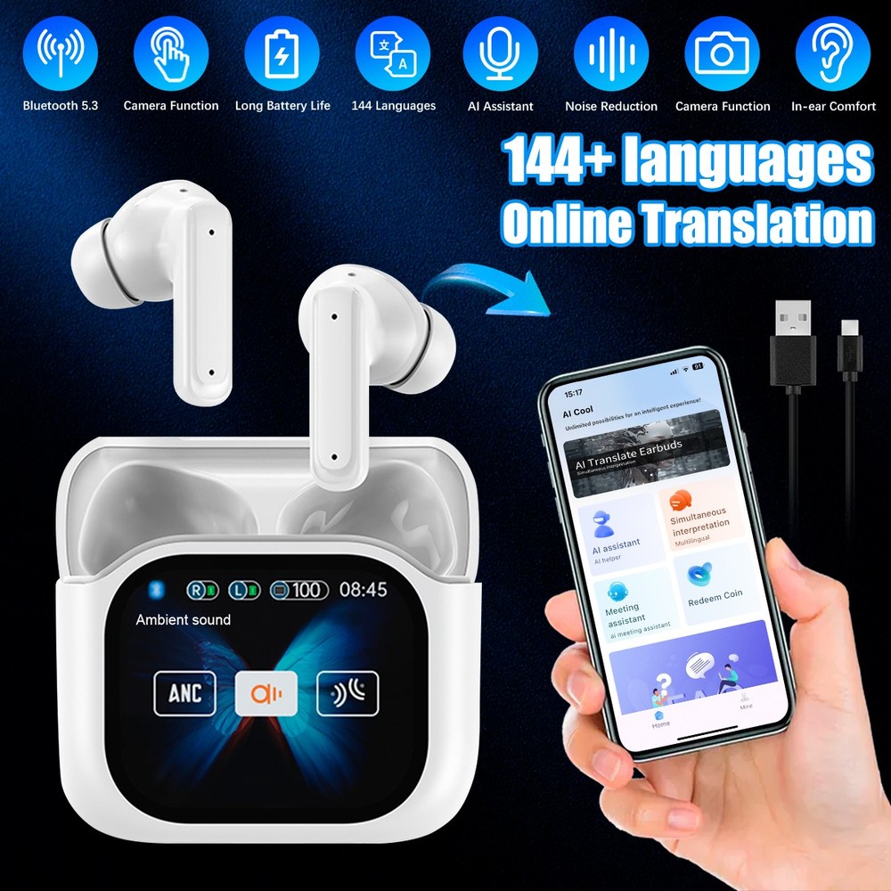 144+ Language AI Translator Earbuds Wireless Bluetooth Two Way Translator Device