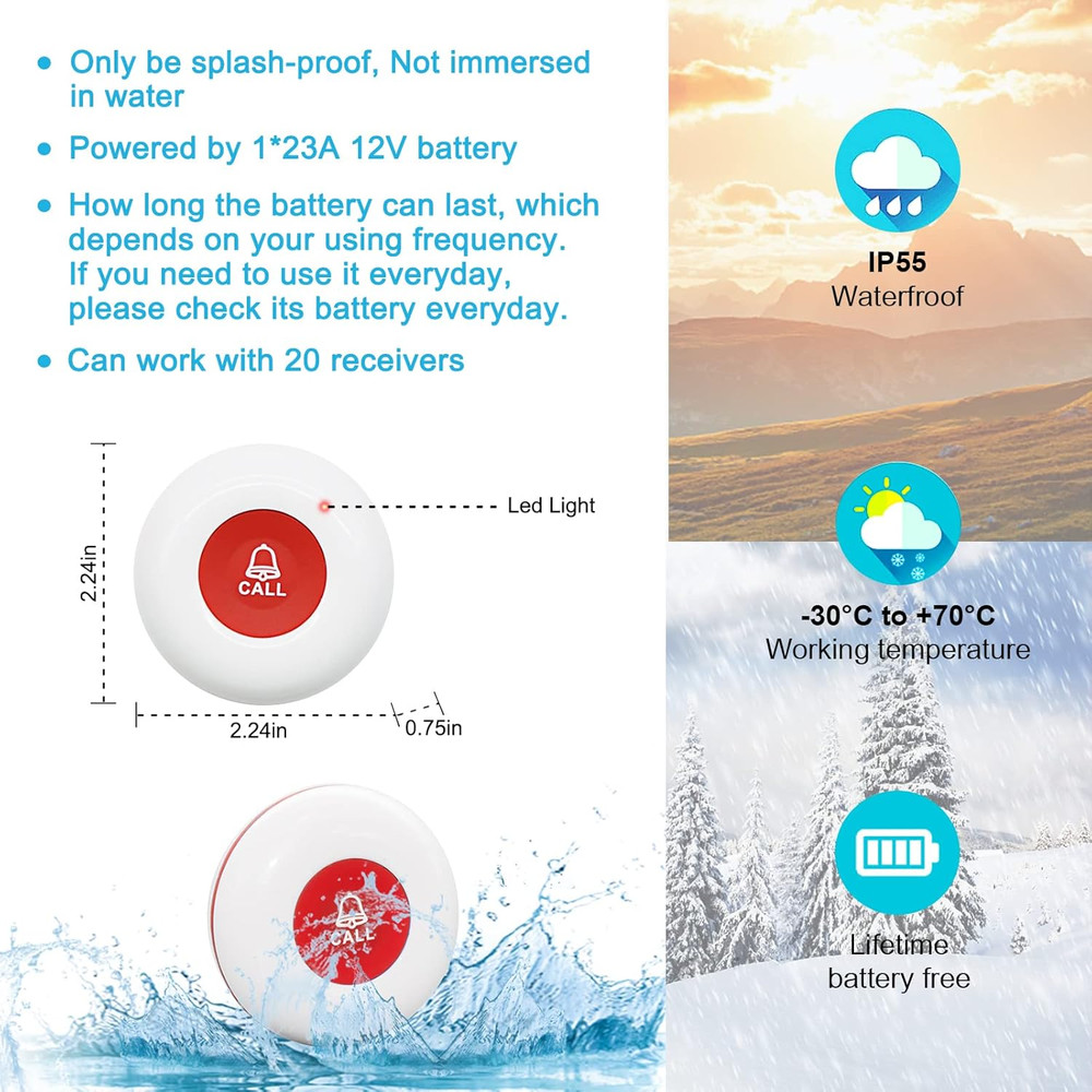 Wireless Caregiver Pager Waterproof Call Button Vibration Call Button for Elderl
