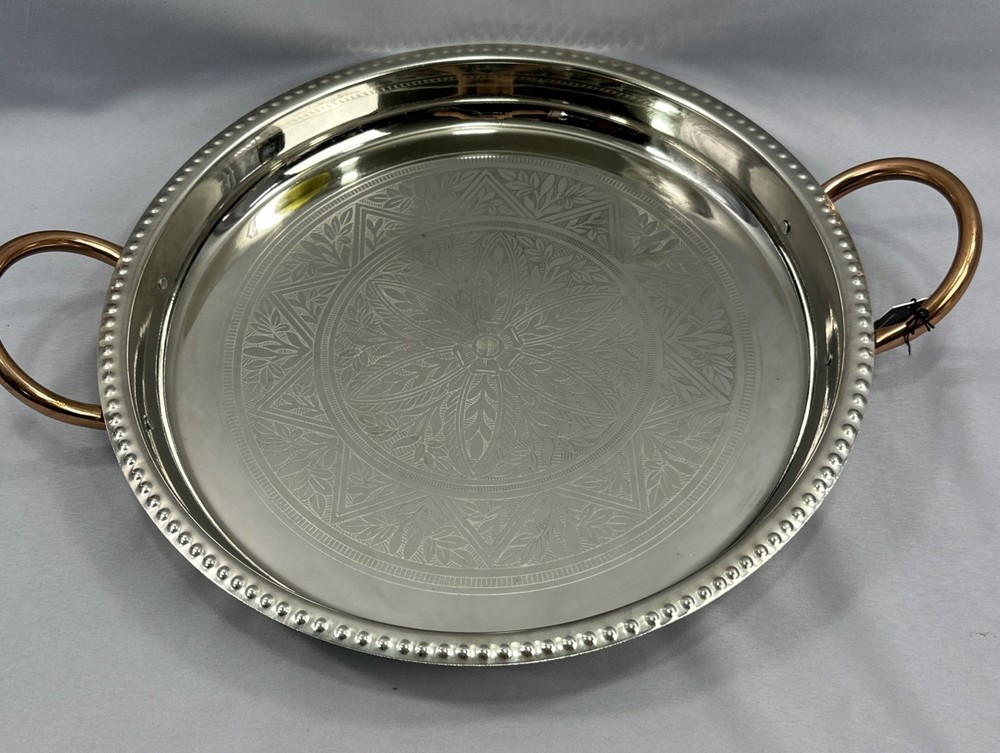 Vintage Large 16.5” Silverplate Silver Round Serving Tray w/Copper Handles India