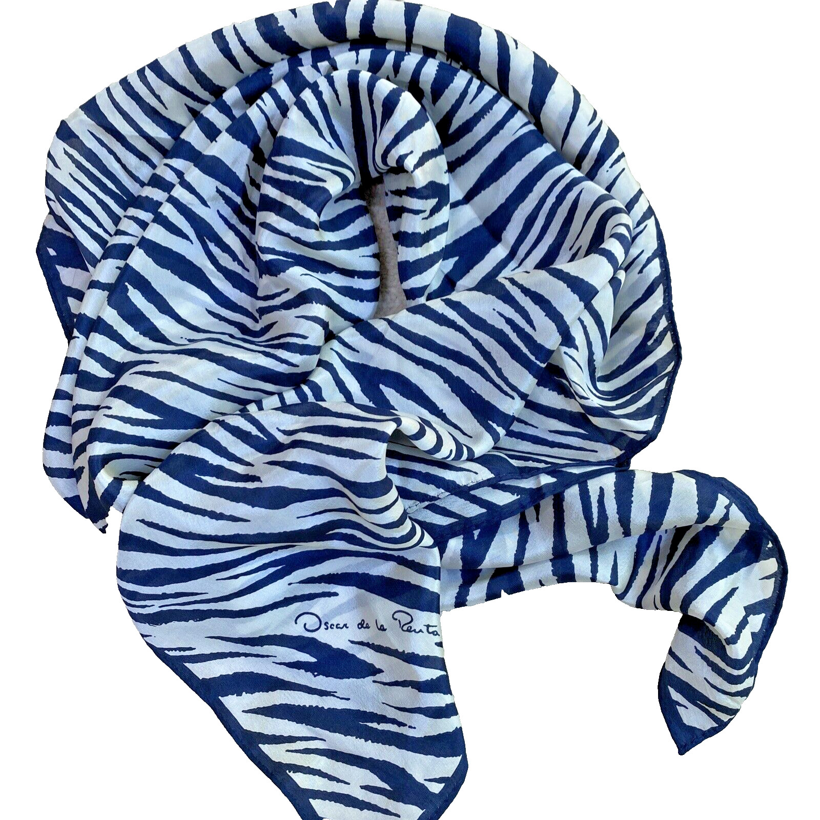 Vintage Oscar De La Renta Silk Scarf Navy Blue & White Mod Stripes Large Square