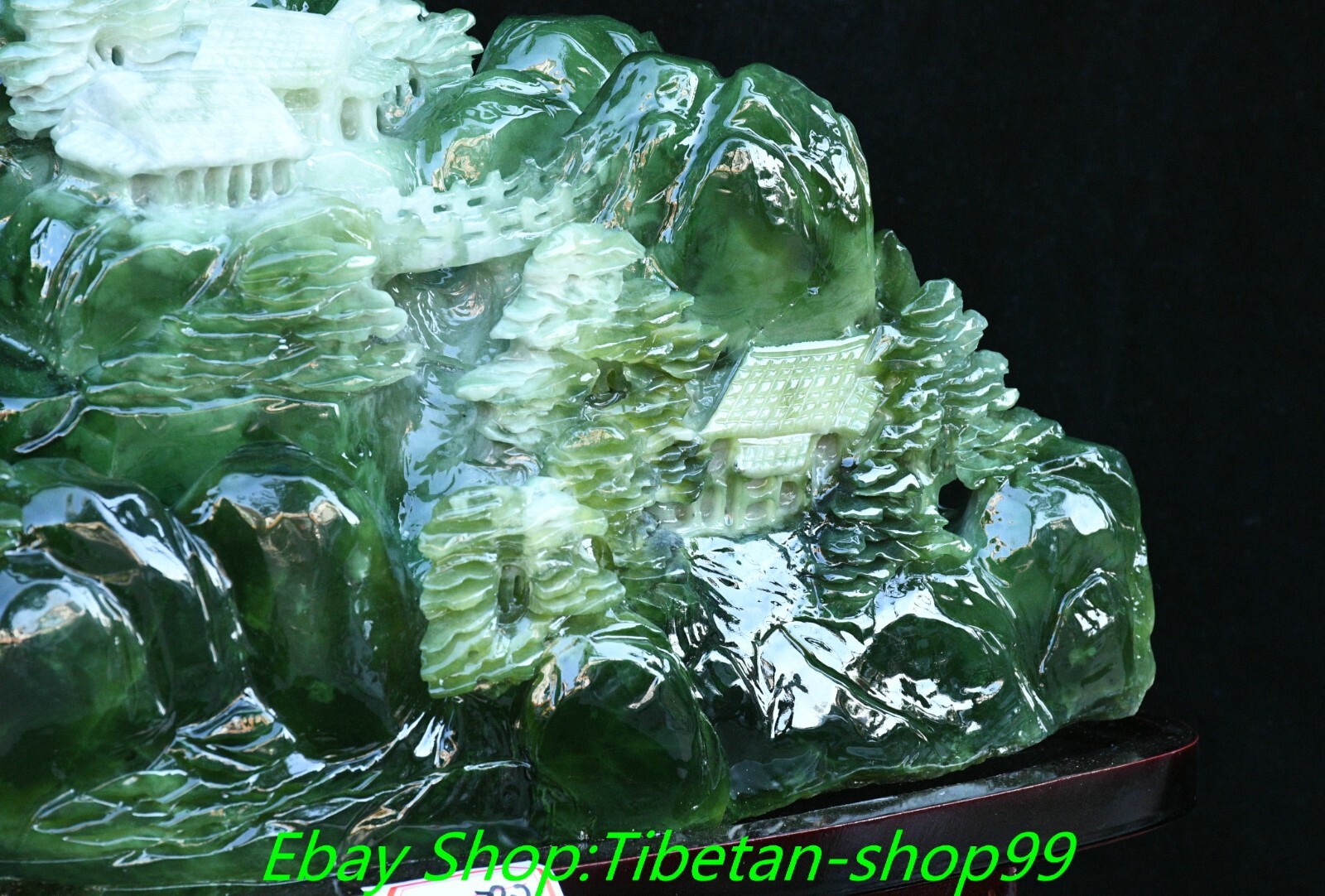 17.3'' Natural Xiu Green Jade Carving Mountain Tree House Shanzi Sculpture