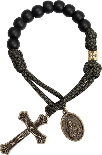 St. Joseph One Decade Green Paracord Black Beads Bracelet Prayer Rosary